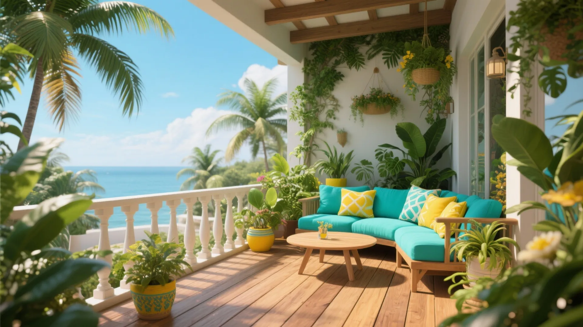 Tropical balcony design with turquoise sofa yellow pillows wooden floor many green plants and ocean view