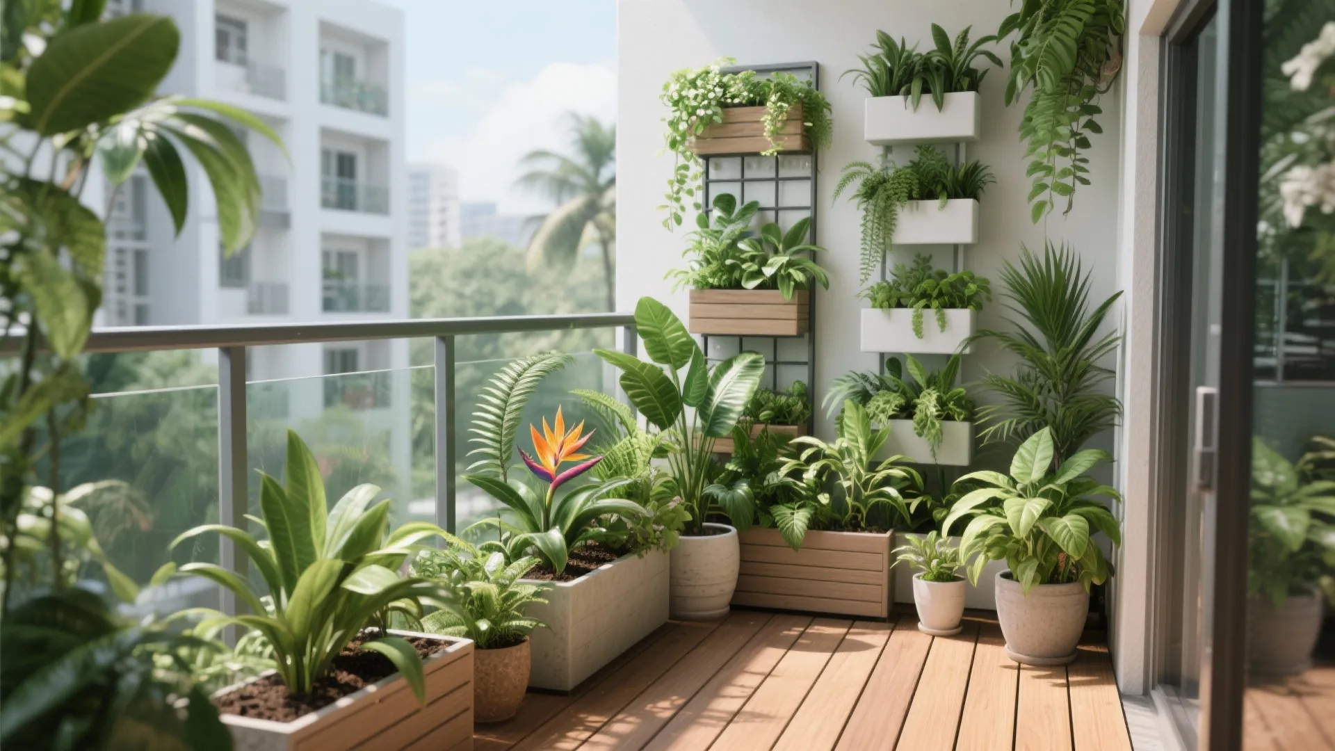 Tropical balcony garden with many potted green plants bird of paradise flower and wooden floor boards