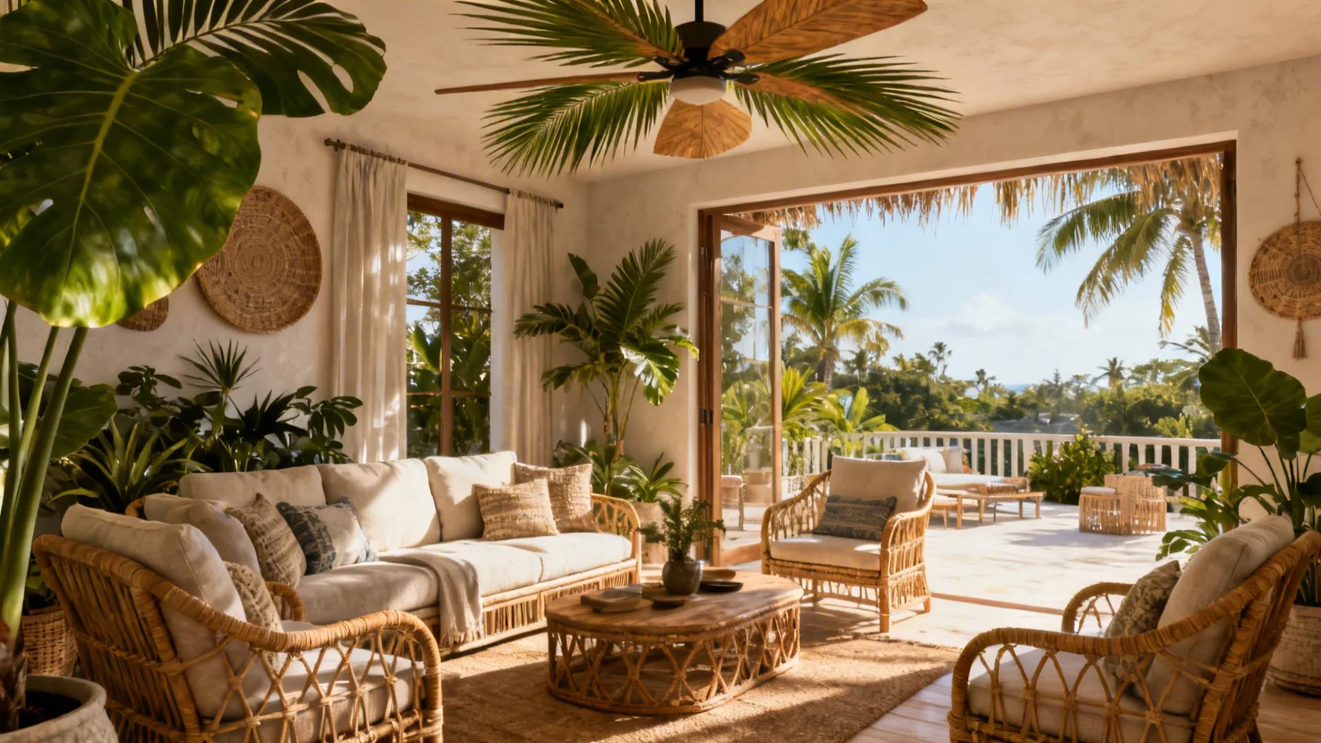 Coastal living room with a large palm-blade ceiling fan and indoor-outdoor flow.