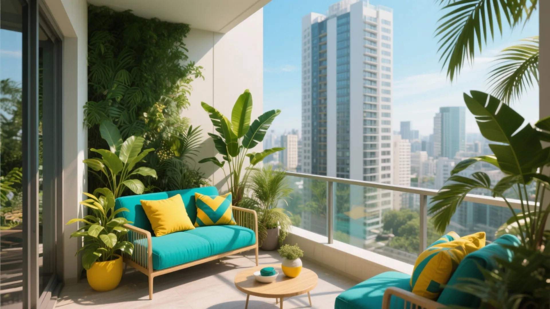 Bright balcony with teal sofa, yellow pillows, tropical plants, wooden table, and tall city buildings