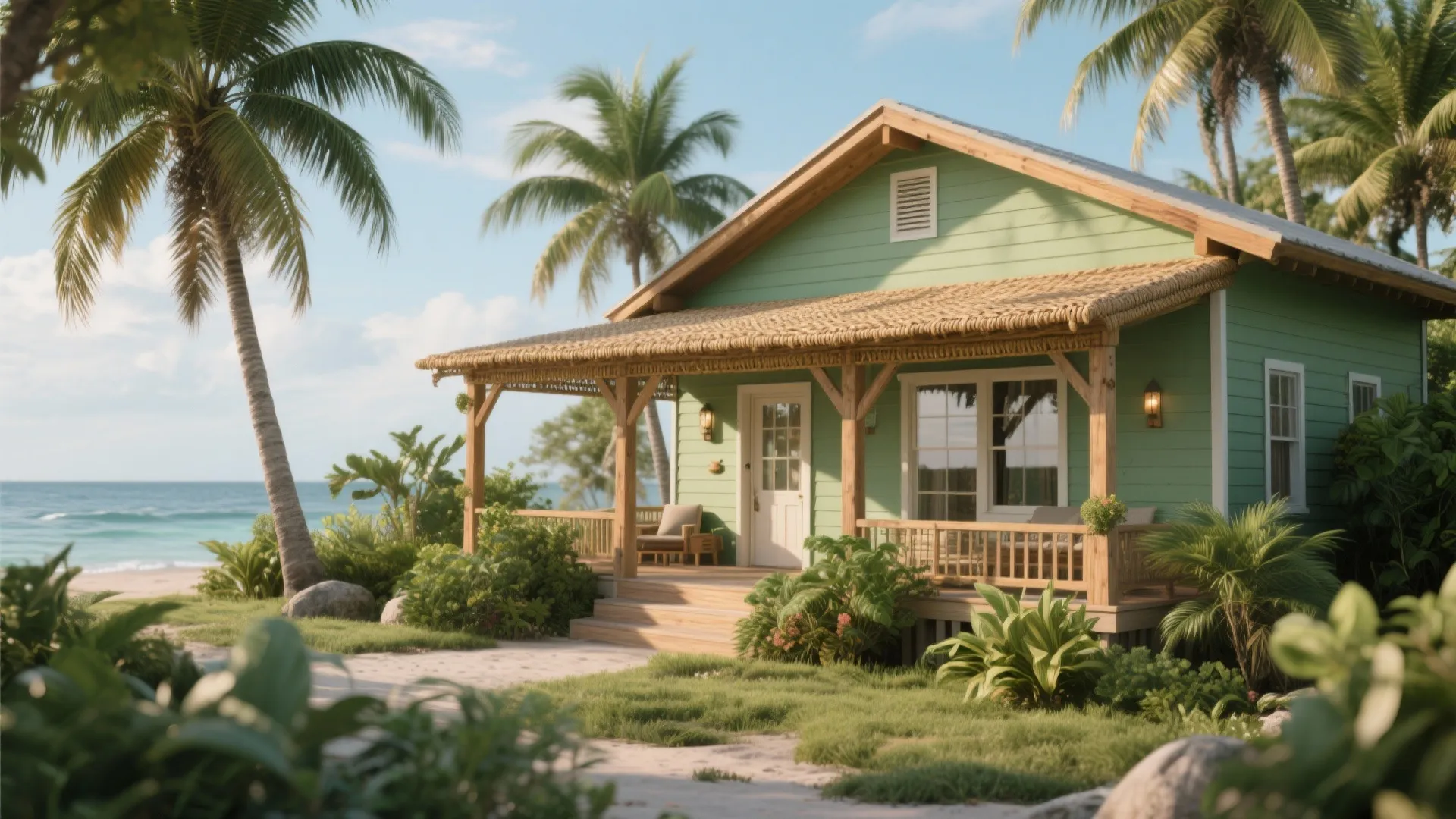 5. Tropical Calm: Palm Greens with Natural Trim