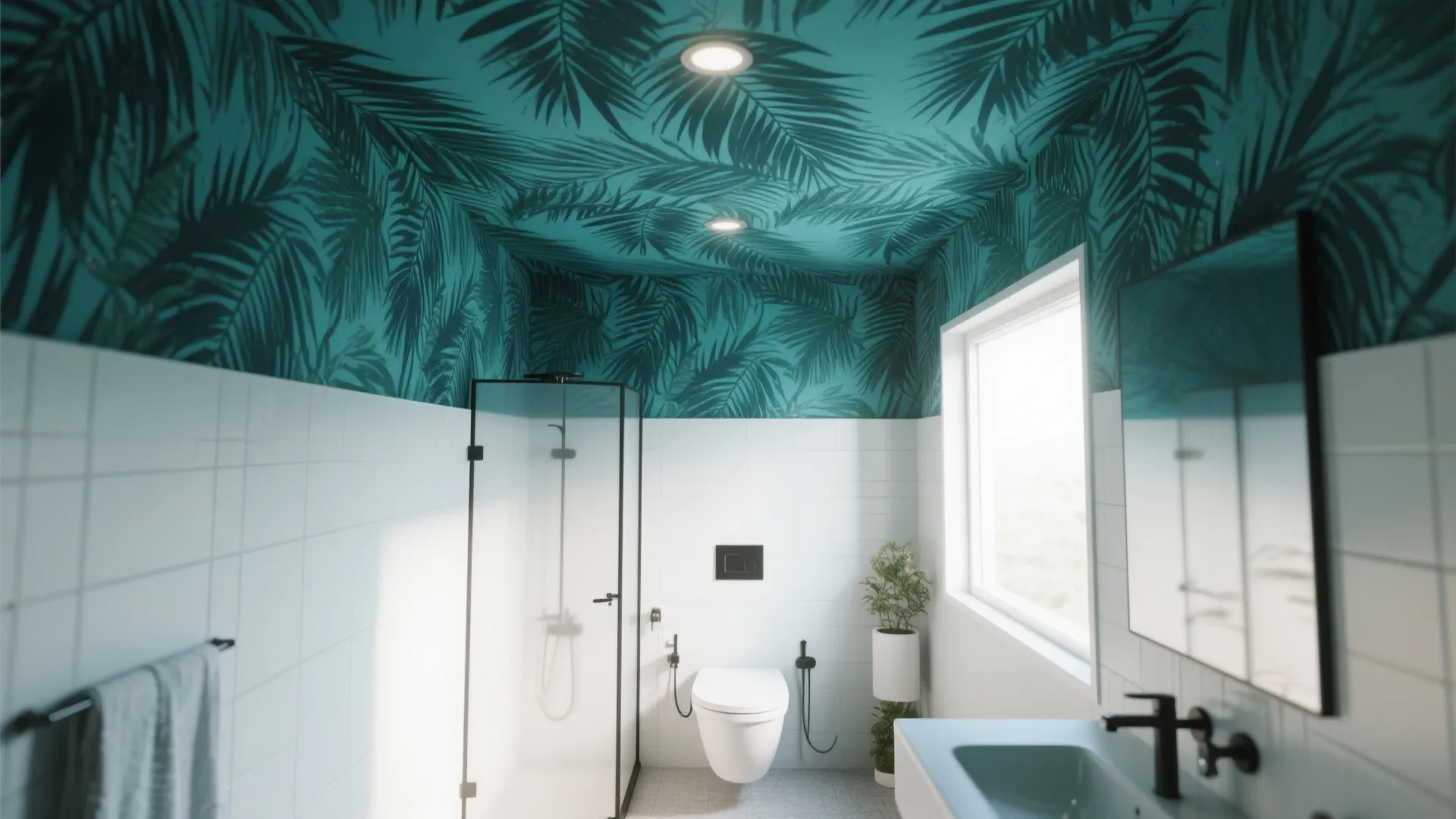 Modern bathroom with tropical leaf wallpaper on walls and ceiling plus glass shower and toilet
