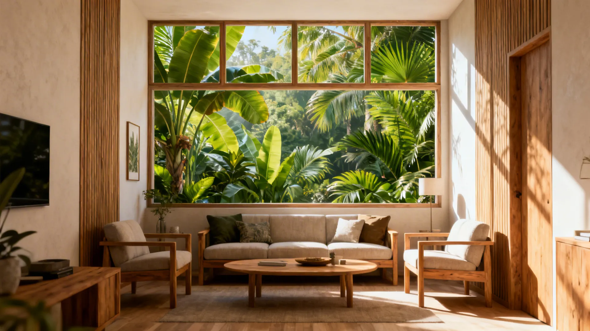 Compact living room with oversized tropical prints grouped above seating to mimic a window view