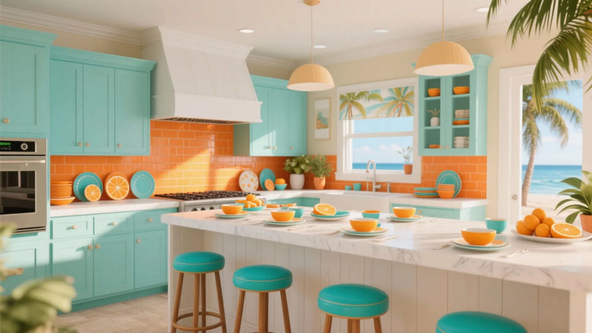 Turquoise stools and citrus backsplash in coastal kitchen