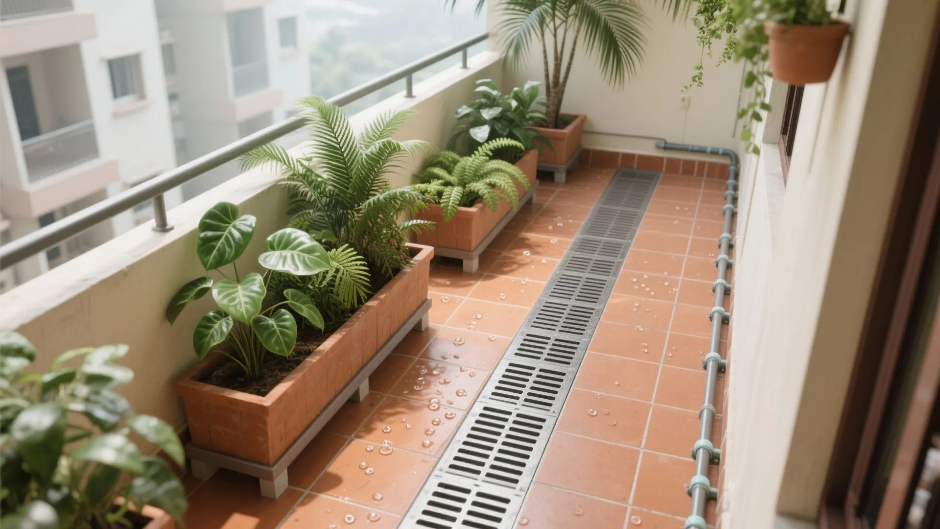 Apartment balcony with terracotta floor tiles a long metal drain and various green potted plants