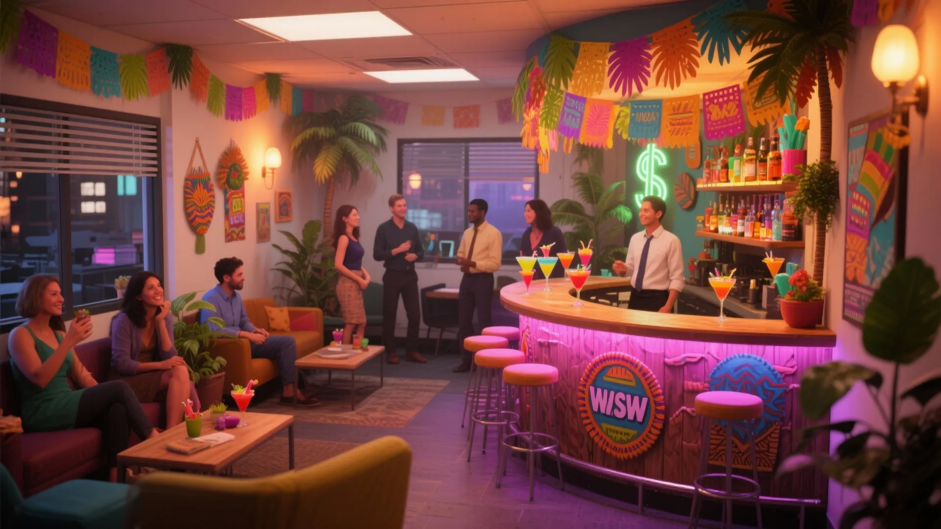 Office room transformed into a tropical bar area with colorful decorations and people having drinks