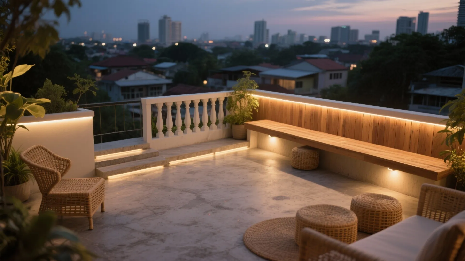 5) Textured surfaces + lighting for tropical evenings