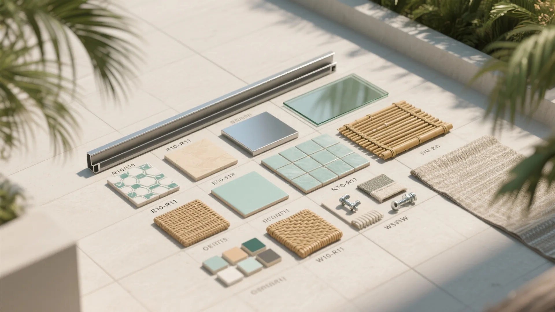 Collection of interior design material samples including tiles wood fabric and metal on white floor