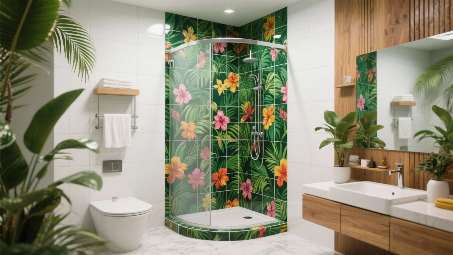 Tropical bathroom design with floral green shower tiles white toilet wooden vanity and indoor green plants
