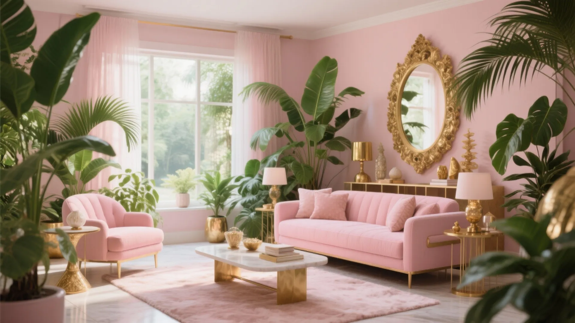 Pink tropical living room with velvet sofa gold mirror green plants and marble coffee table
