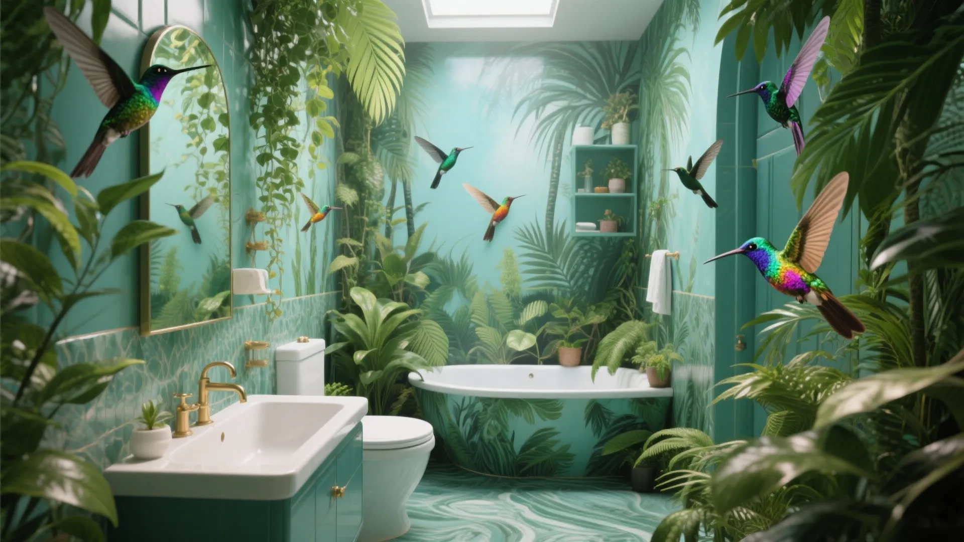 Tropical bathroom design with jungle wallpaper, flying hummingbirds, white bathtub, green plants, and gold fixtures