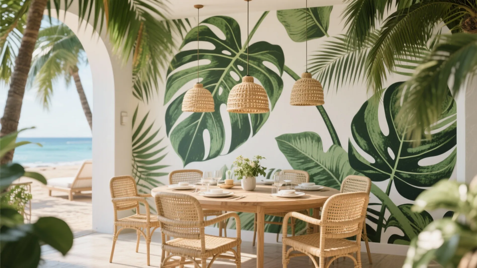 Dining room with oversized tropical leaf wallpaper and rattan decor
