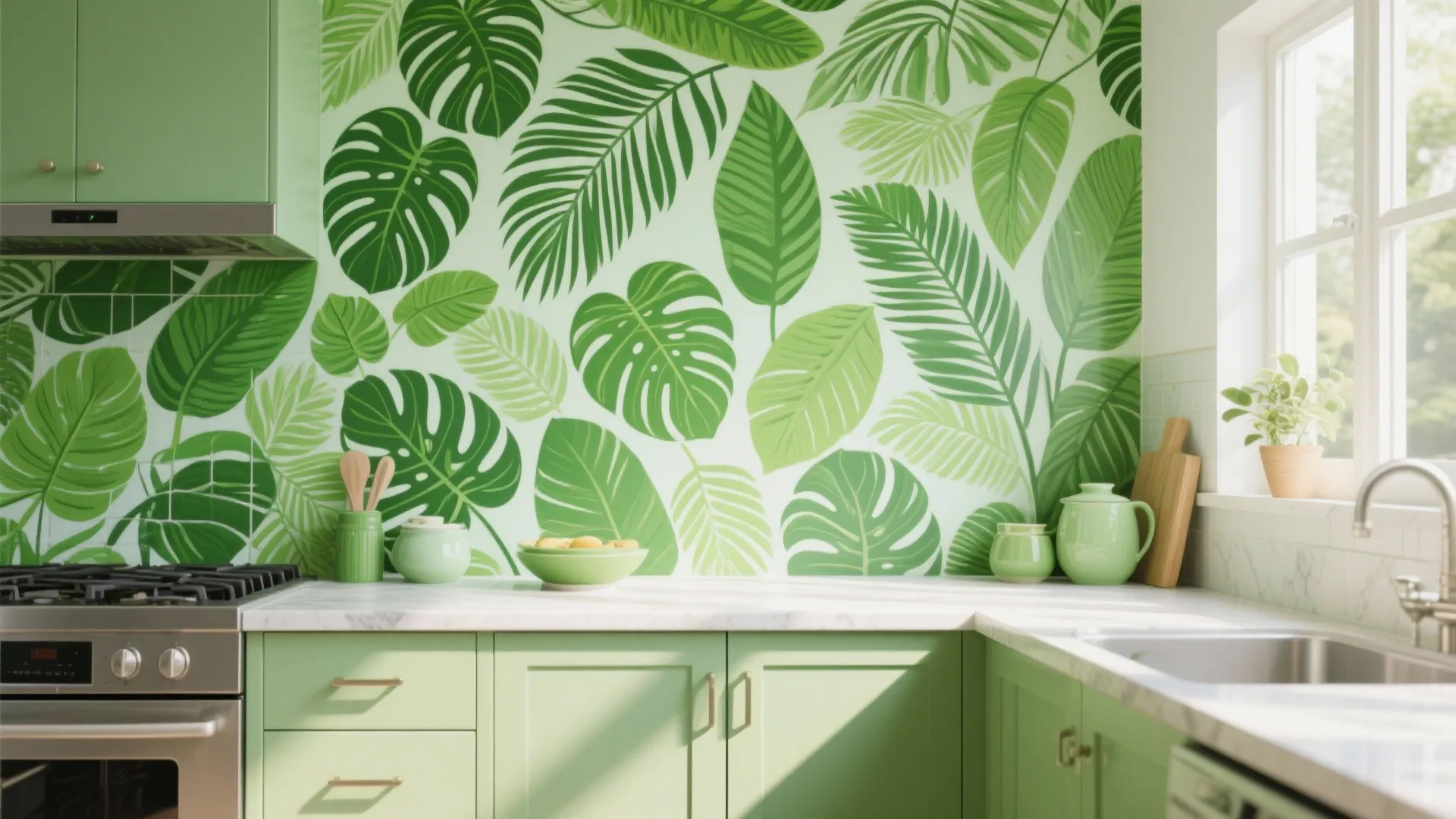 Vibrant kitchen with lush tropical leaf roller backsplash