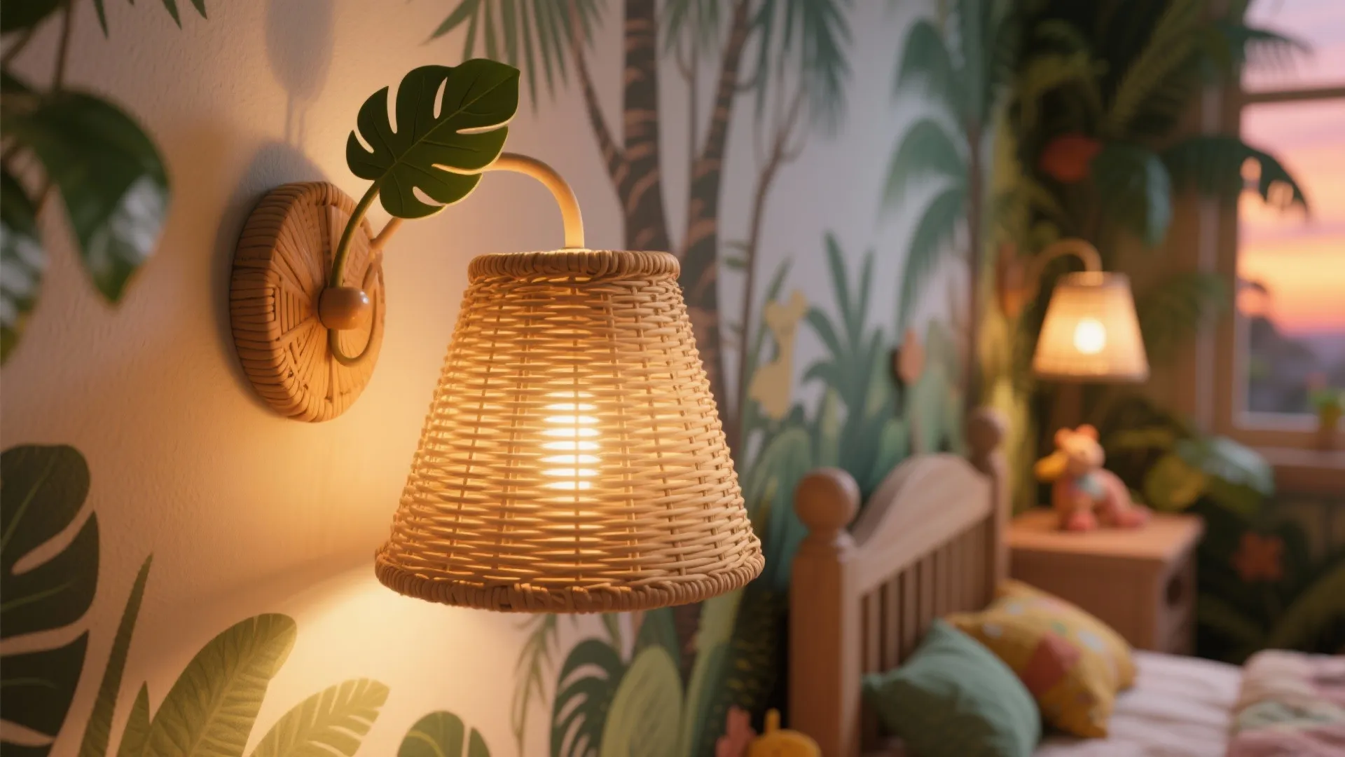 Rattan lamp and leaf-shaped sconce with warm light
