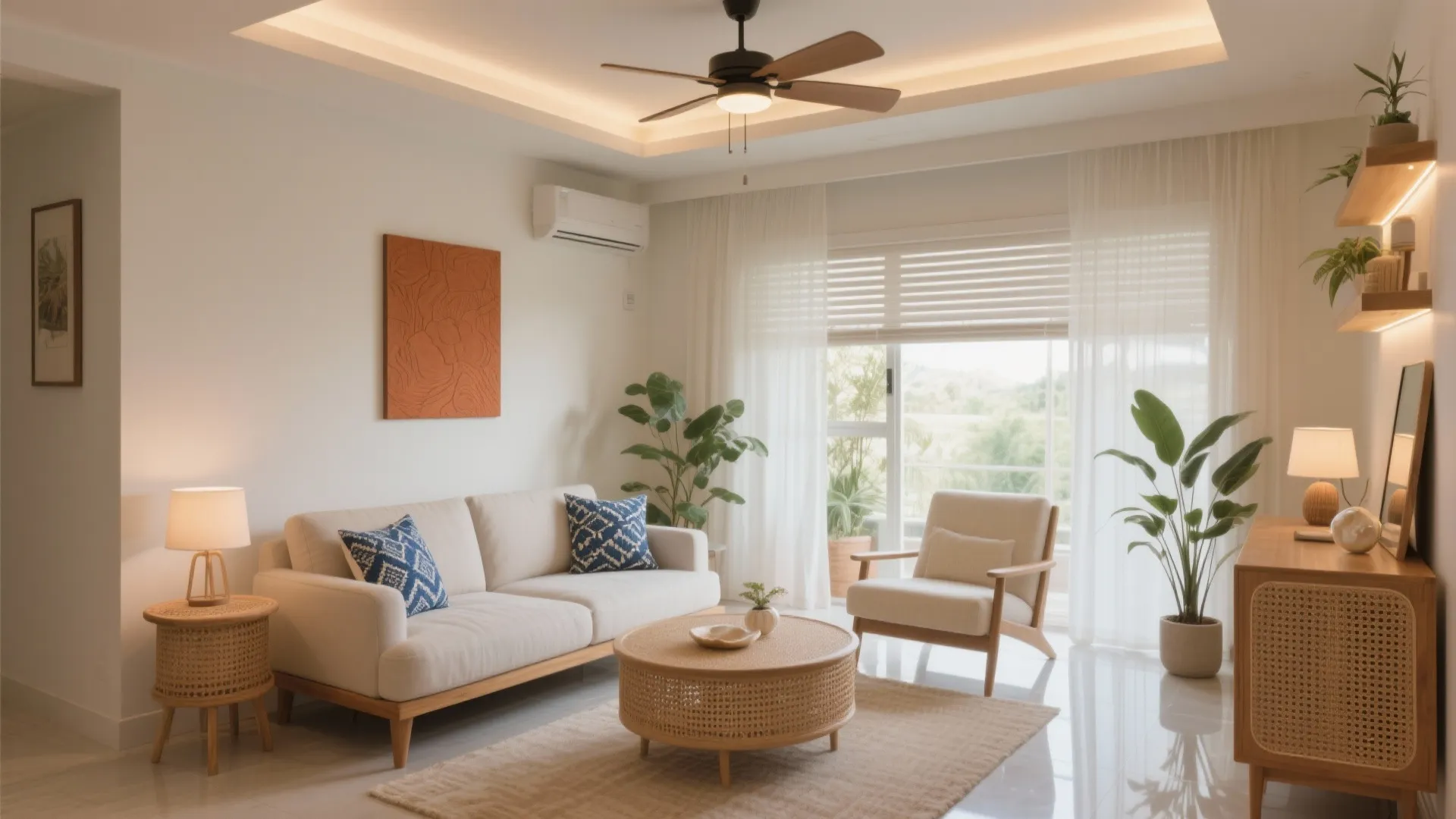 Tropical living room with white sofa, round coffee table, wooden cabinet, plants, and ceiling fan