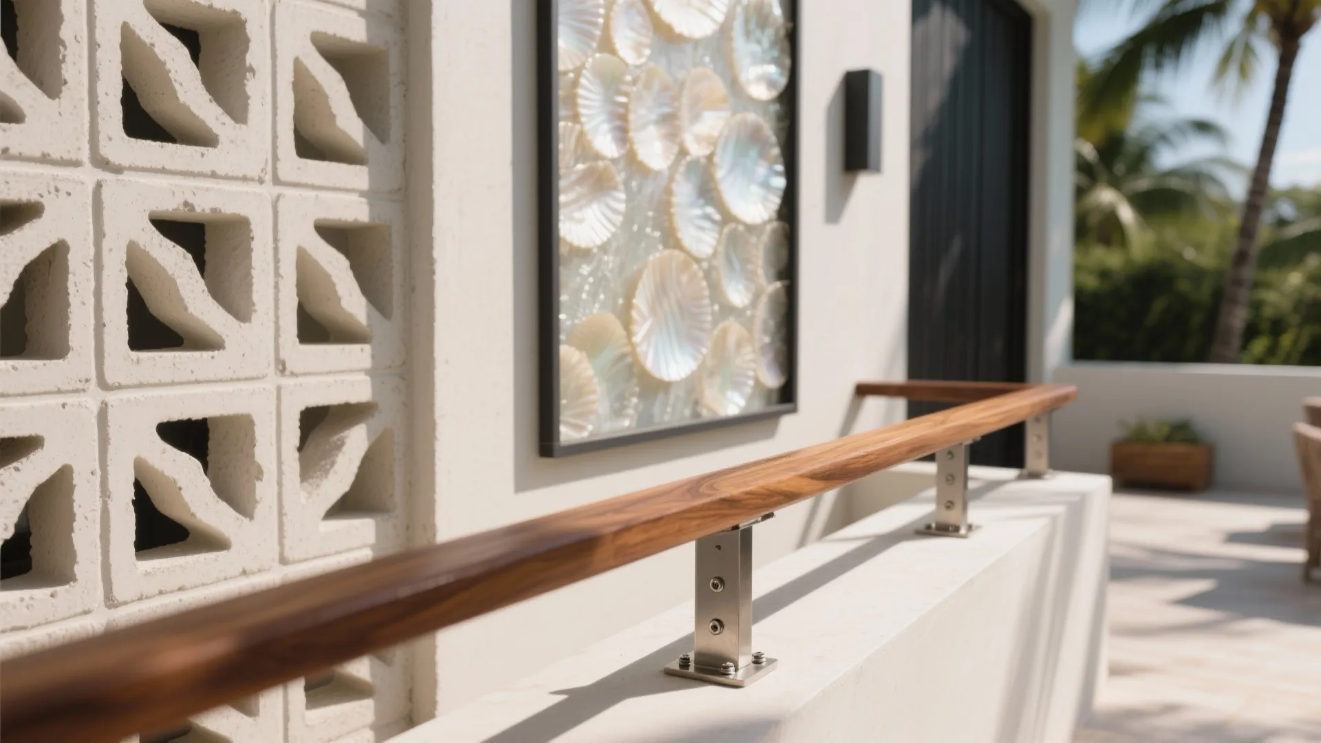 Modern outdoor wall with shell art piece wooden handrail white wall panel and palm trees background