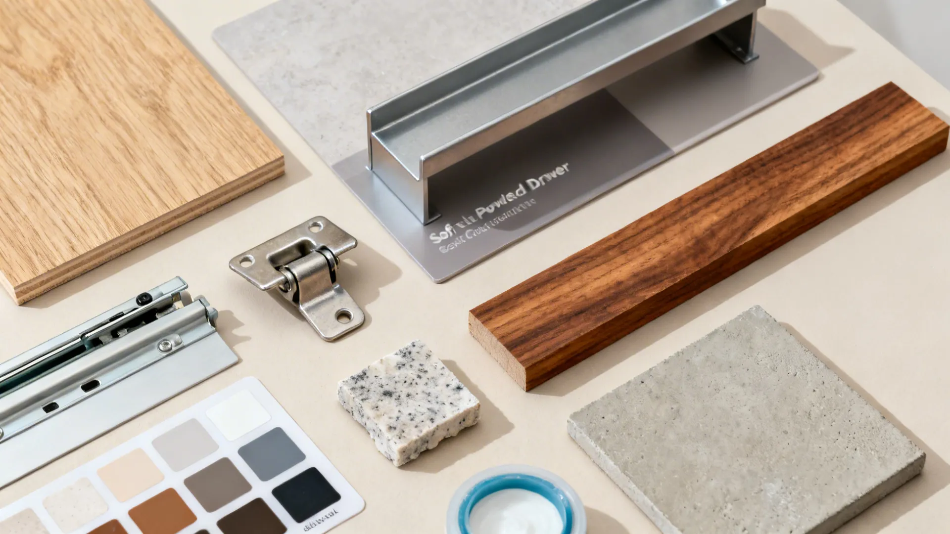 Flat lay of marine-ply laminate, steel, teak veneer, quartz, and microcement samples with hardware.