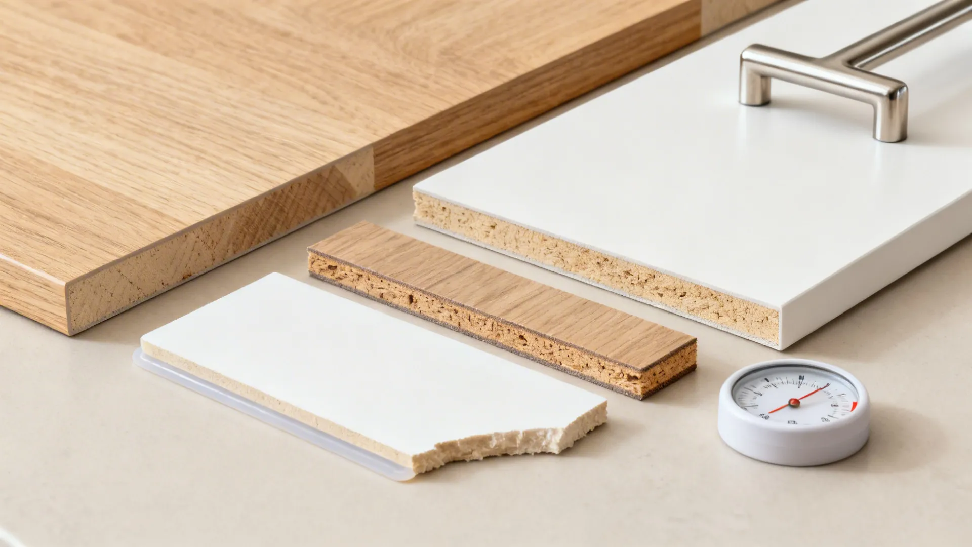 Flat lay of light oak TSL, MR MDF, marine ply samples with satin nickel pull and silicone edge.
