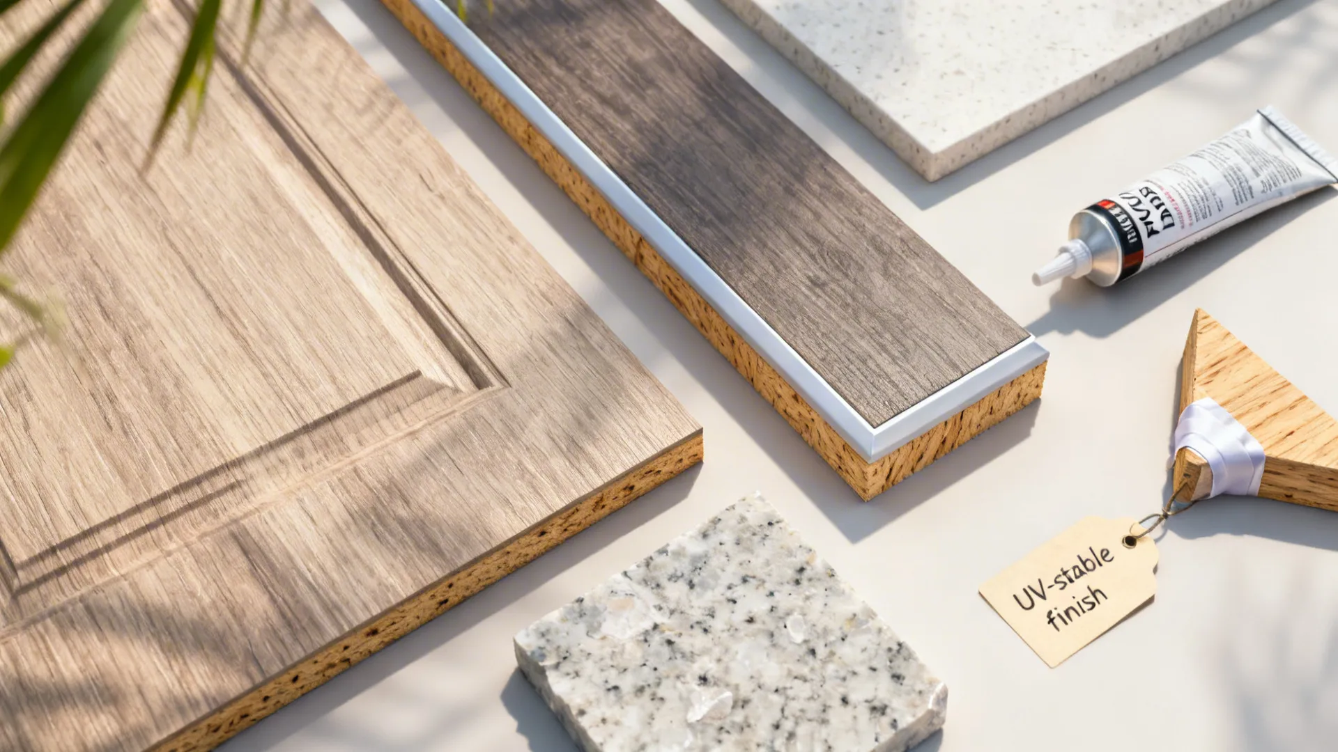 Top-down materials: HPL, marine plywood with ABS edge, PVC wrap sample, and quartz chip for humid climates.