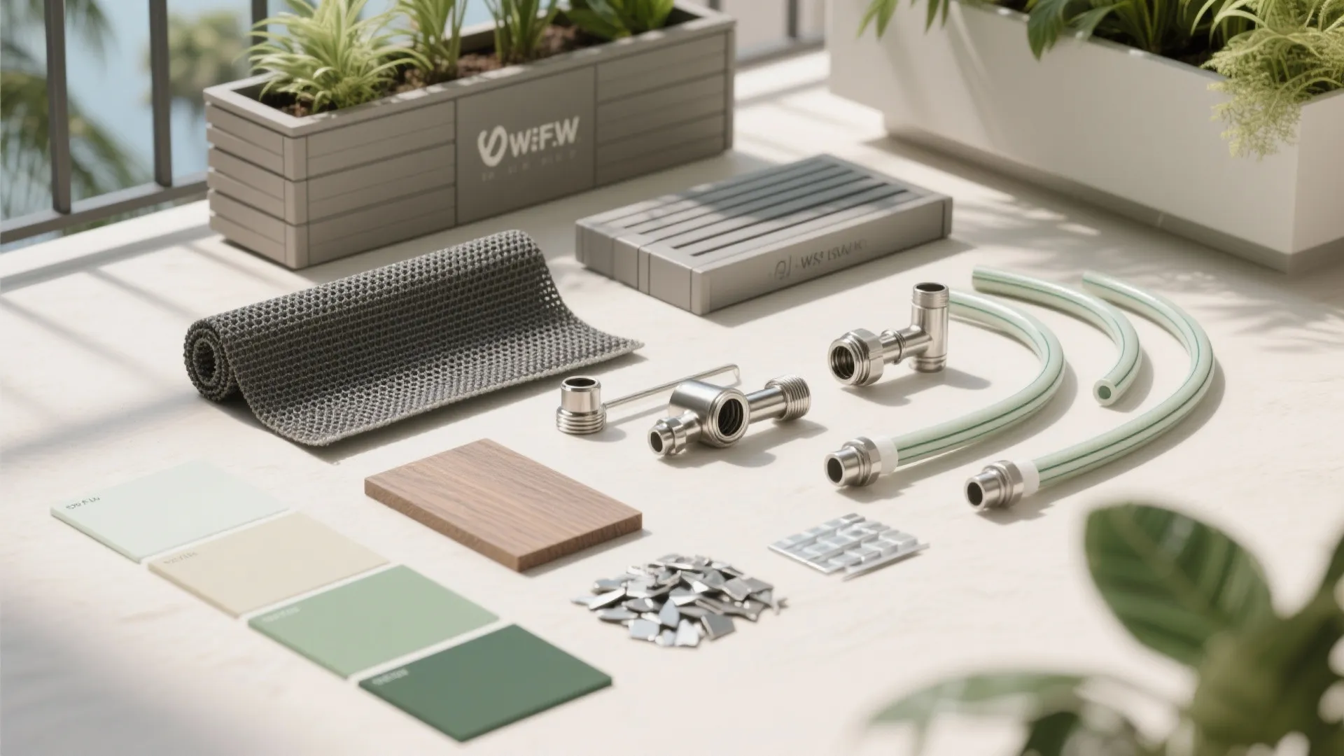 Collection of home building materials including color samples metal pipes wood piece and garden plants