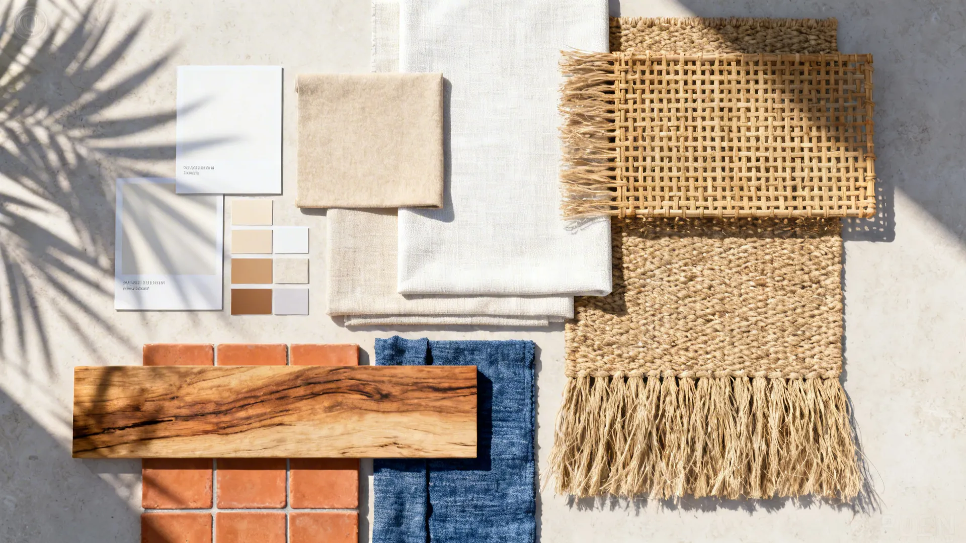 Flat lay of warm white paint, rattan, abaca, acacia wood, and indigo textile accents.