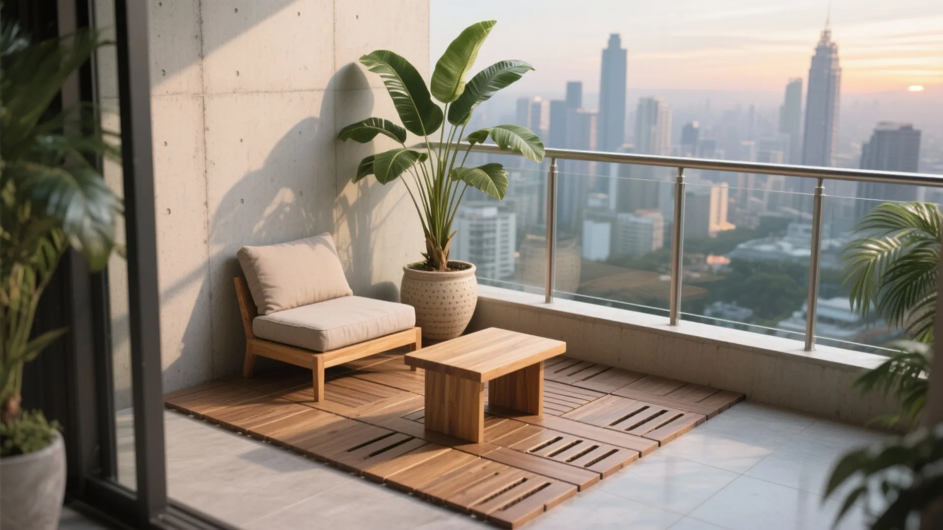 1) Tropical micro-lounge with all-weather seating