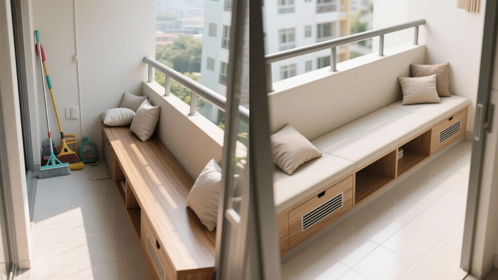 1) Tropical-Minimal Balcony Storage That Disappears
