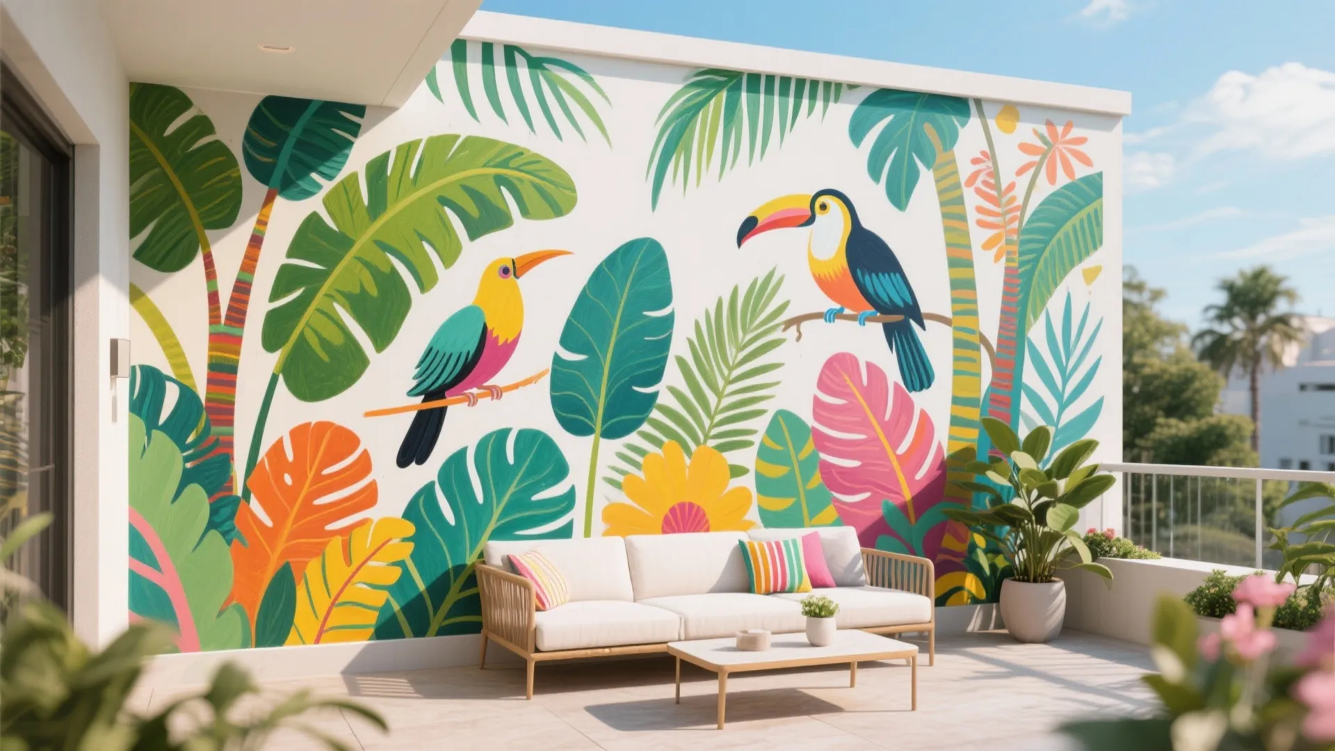 Terrace wall with vibrant tropical mural featuring leaves and birds