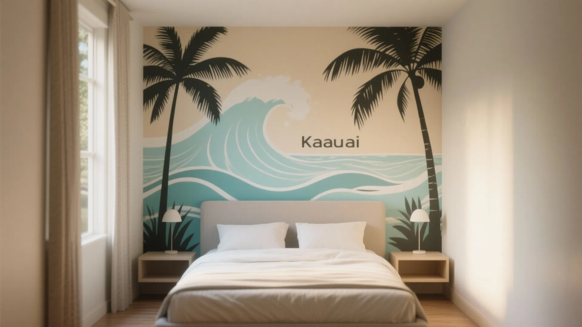 Small bedroom with a single palm-silhouette mural wall behind the bed in muted aqua and sand tones.