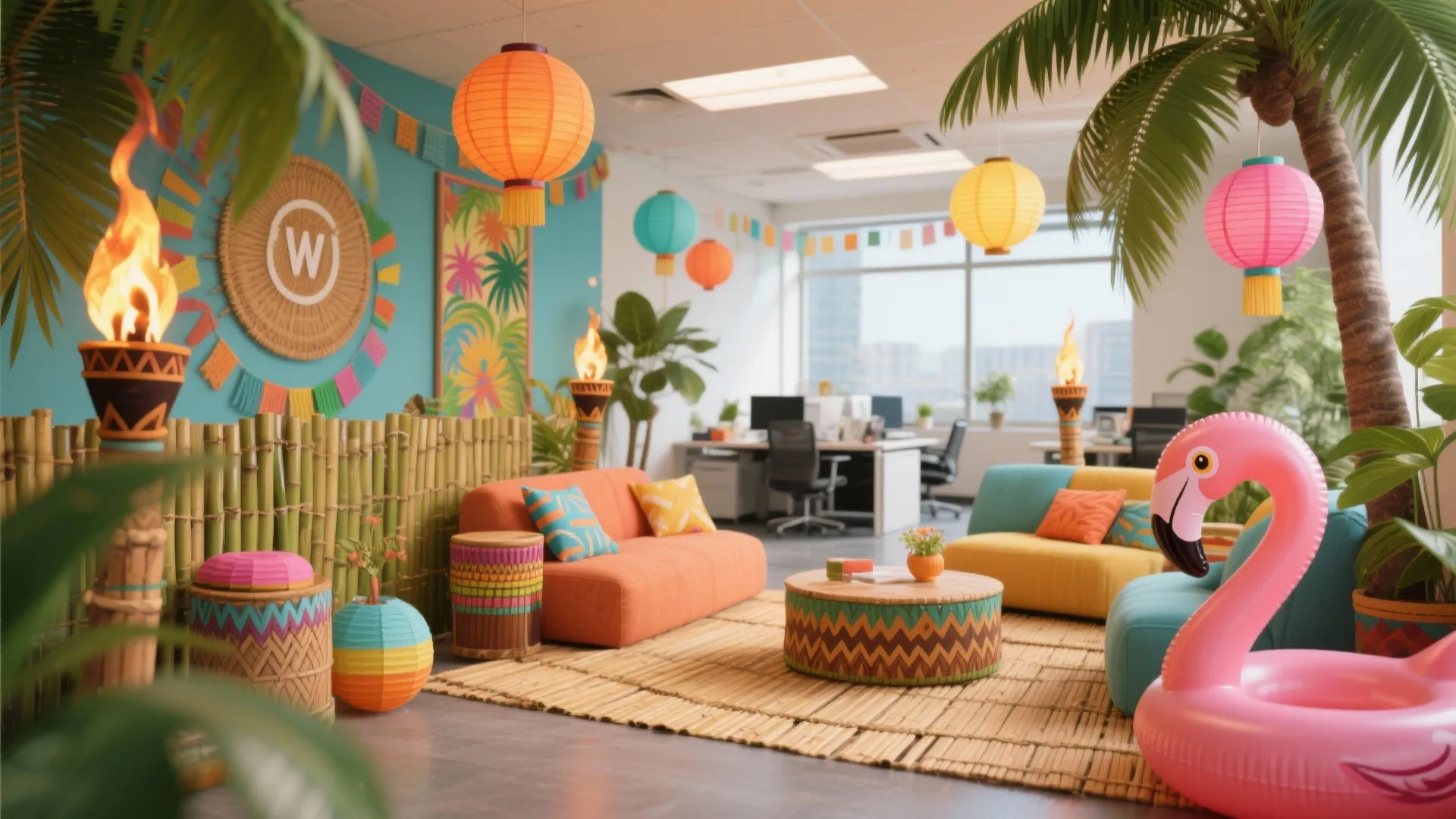 Tropical office interior design with colorful sofa orange paper lanterns bamboo fence and palm tree