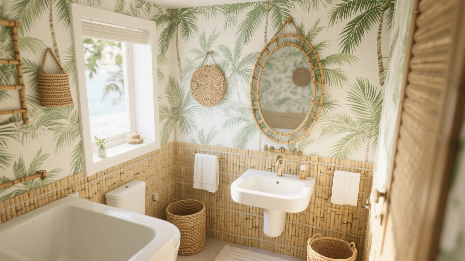 Tropical bathroom featuring green palm leaf wallpaper bamboo wall panel white sink and round mirror