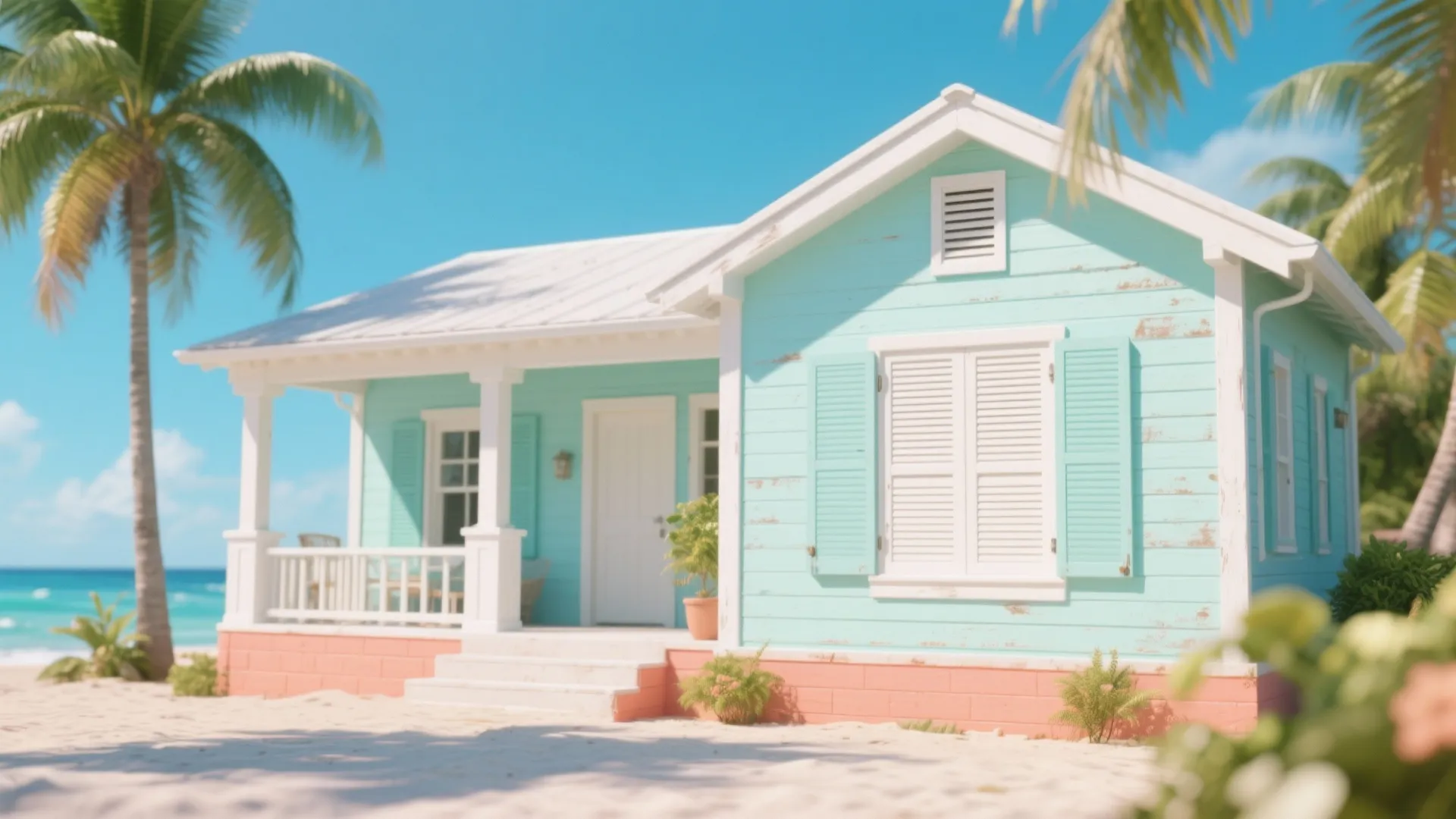 Light blue beach house with white shutters and porch sitting on sand with palm trees