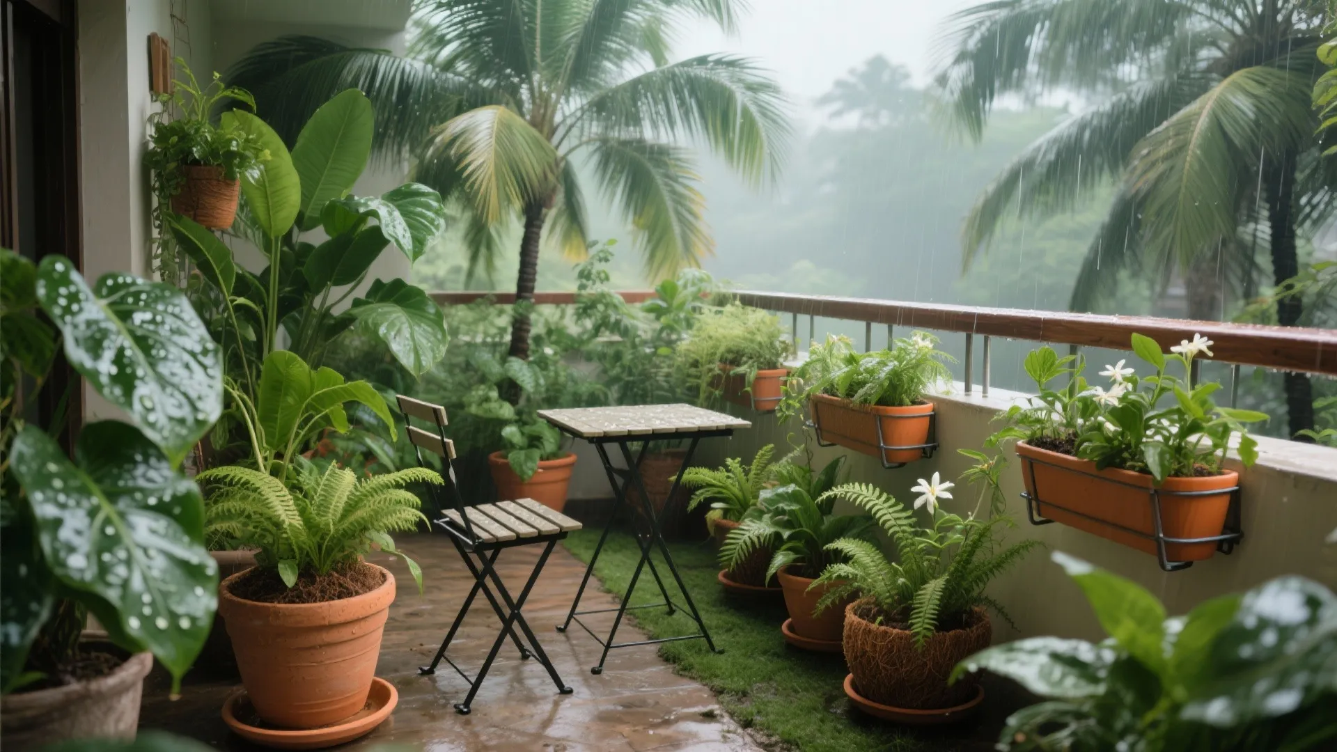 Rainy balcony garden filled with many green potted plants folding wooden table and chair set outside