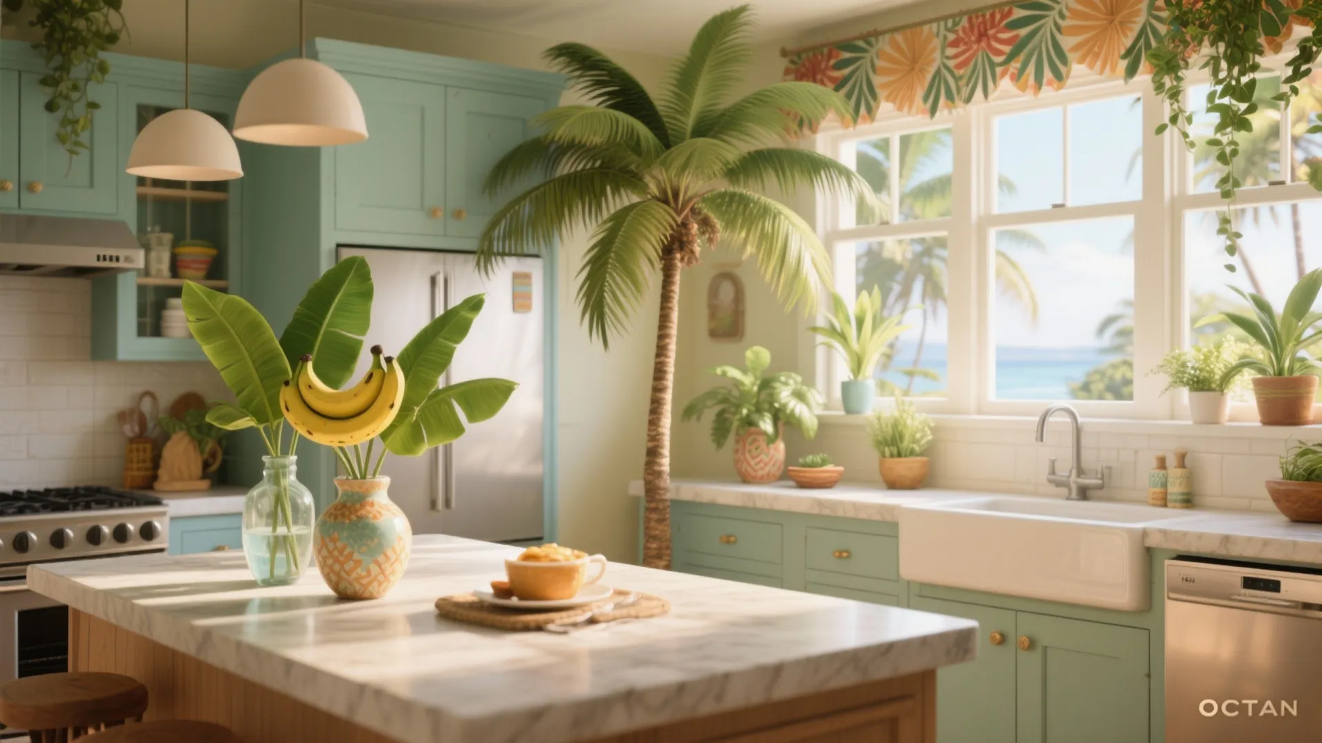 Tropical kitchen interior with blue cabinets a palm tree marble island and bright natural window light