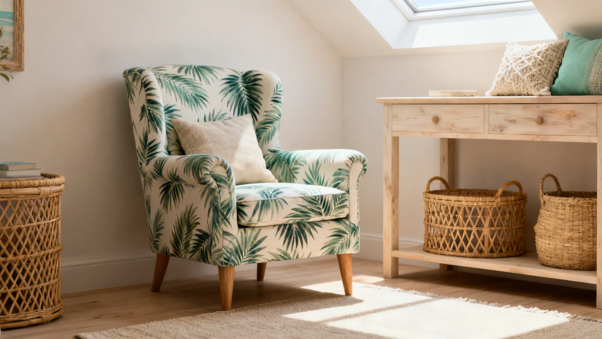 Palm-leaf printed accent chair in a light, coastal-inspired small living room with rattan and light wood.