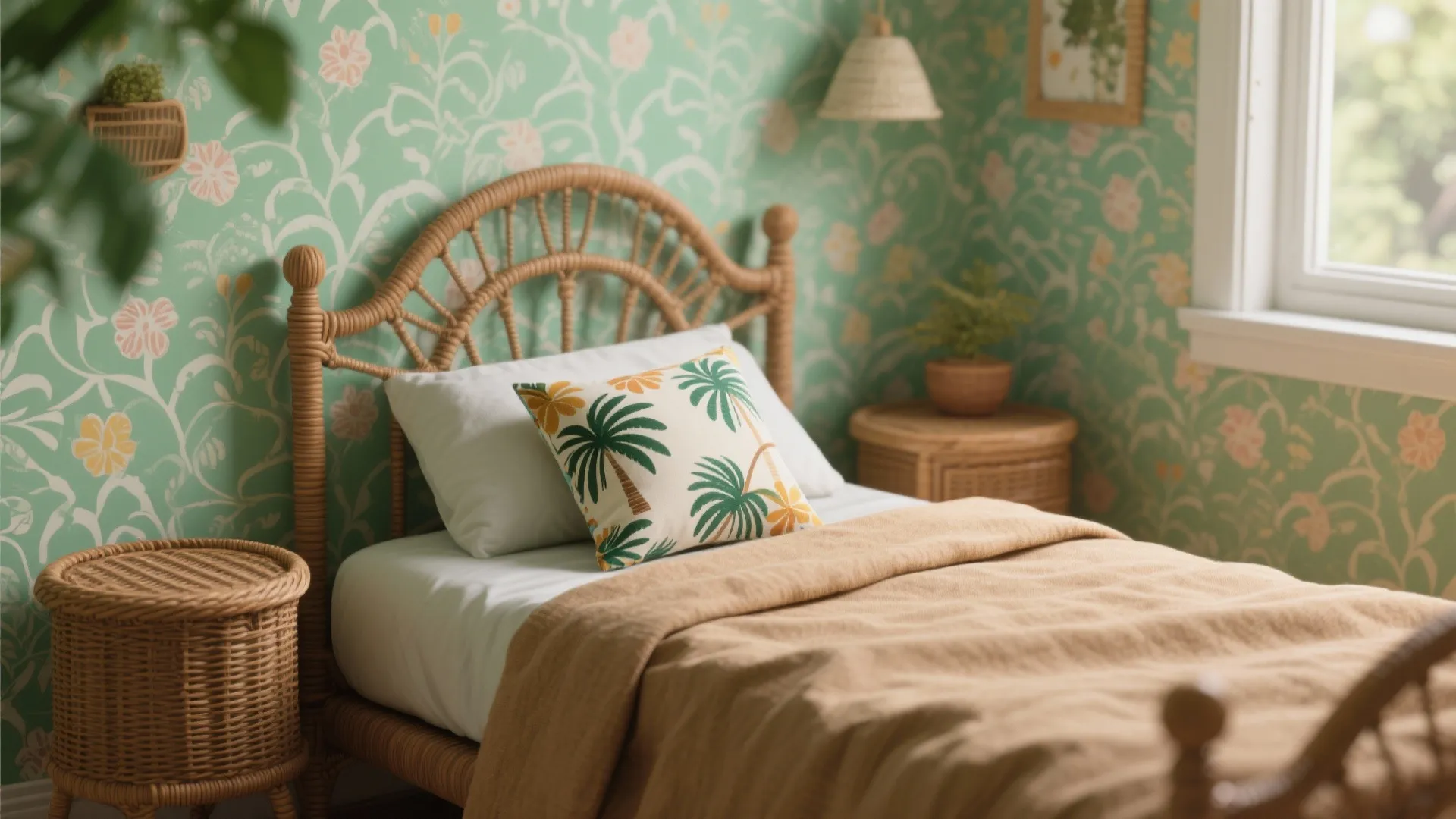5. Tropical Twist: Palm Prints and Rattan Accents