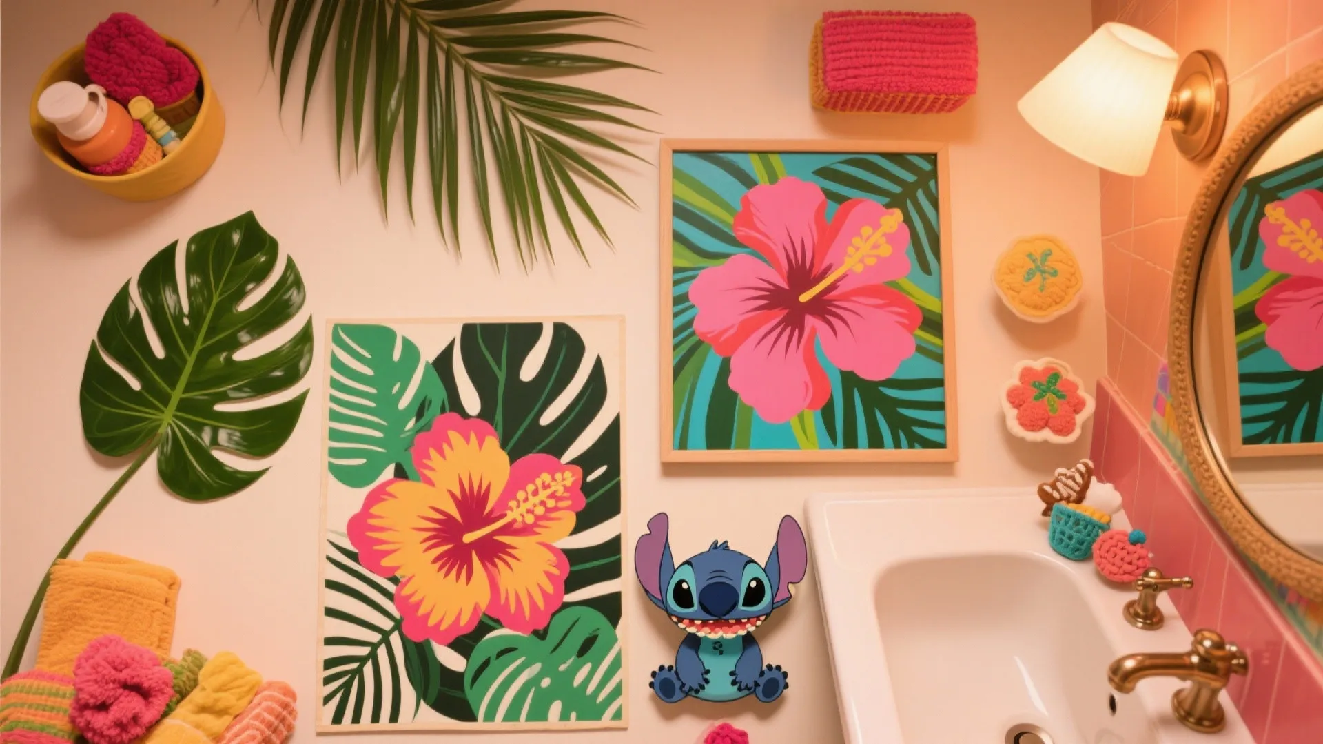 Tropical bathroom wall with hibiscus flower art prints palm leaves character stickers and gold faucets
