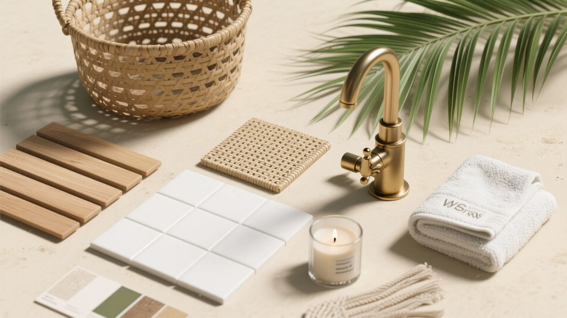 Interior design mood board with gold water tap white tiles wood samples and a basket