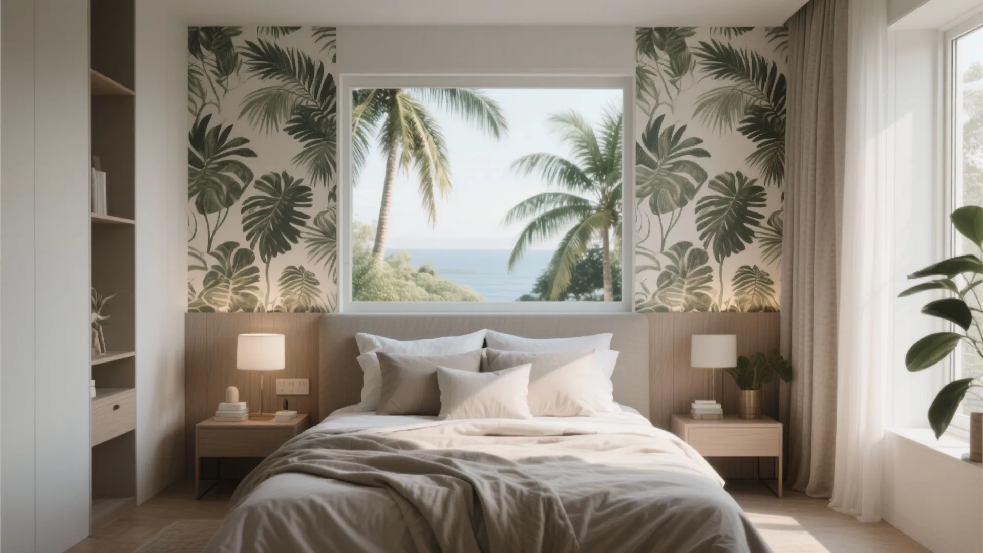 Bedroom with tropical wallpaper panel above the bed
