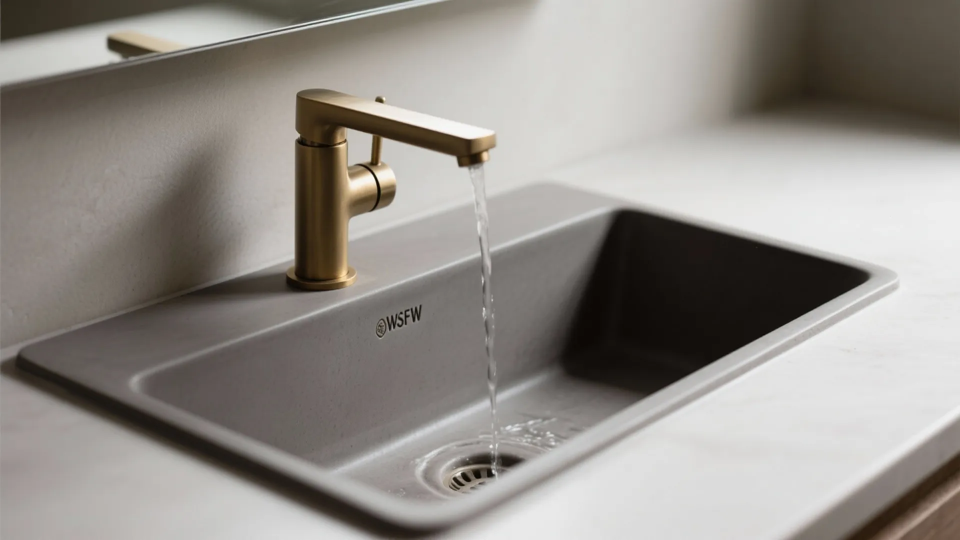 Macro of a narrow trough basin showing splash rail, drain, and brushed brass faucet details.