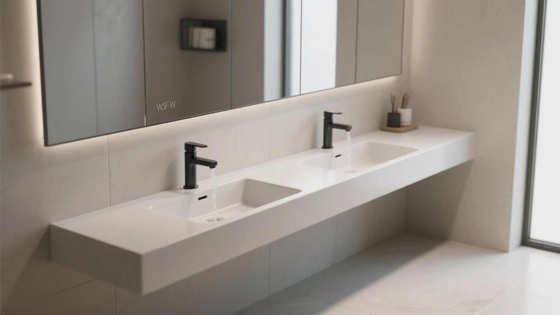 Slim trough-style wall-mounted basin for shared routines