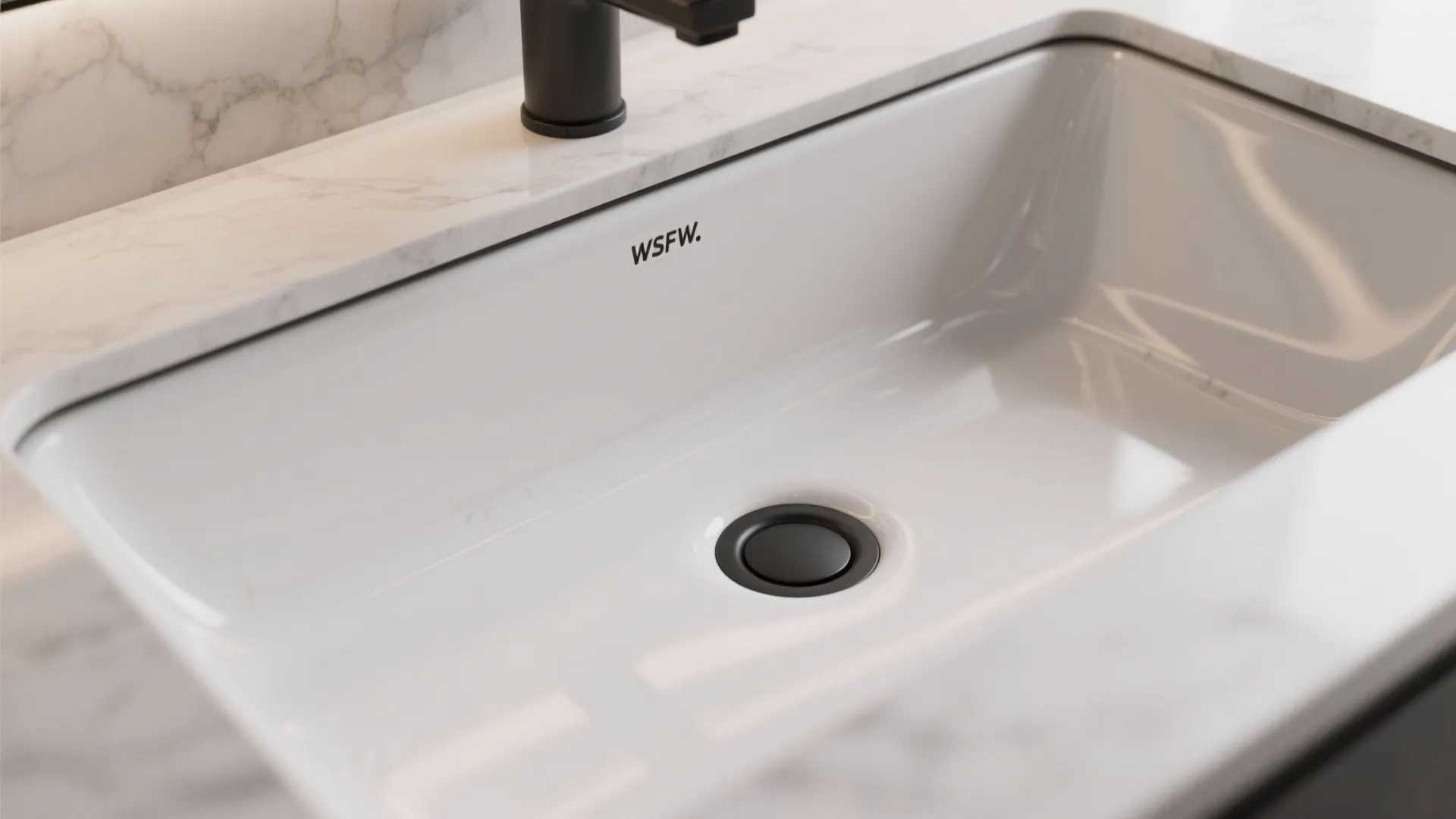 White ceramic bathroom sink with black drain sitting on a grey marble stone counter top