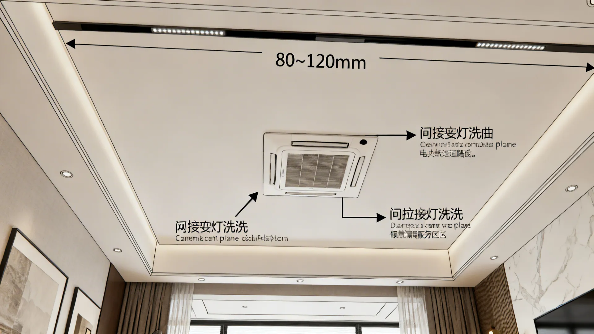 Top-down plan view of floating perimeter trough with cassette AC centered and clear service zones.