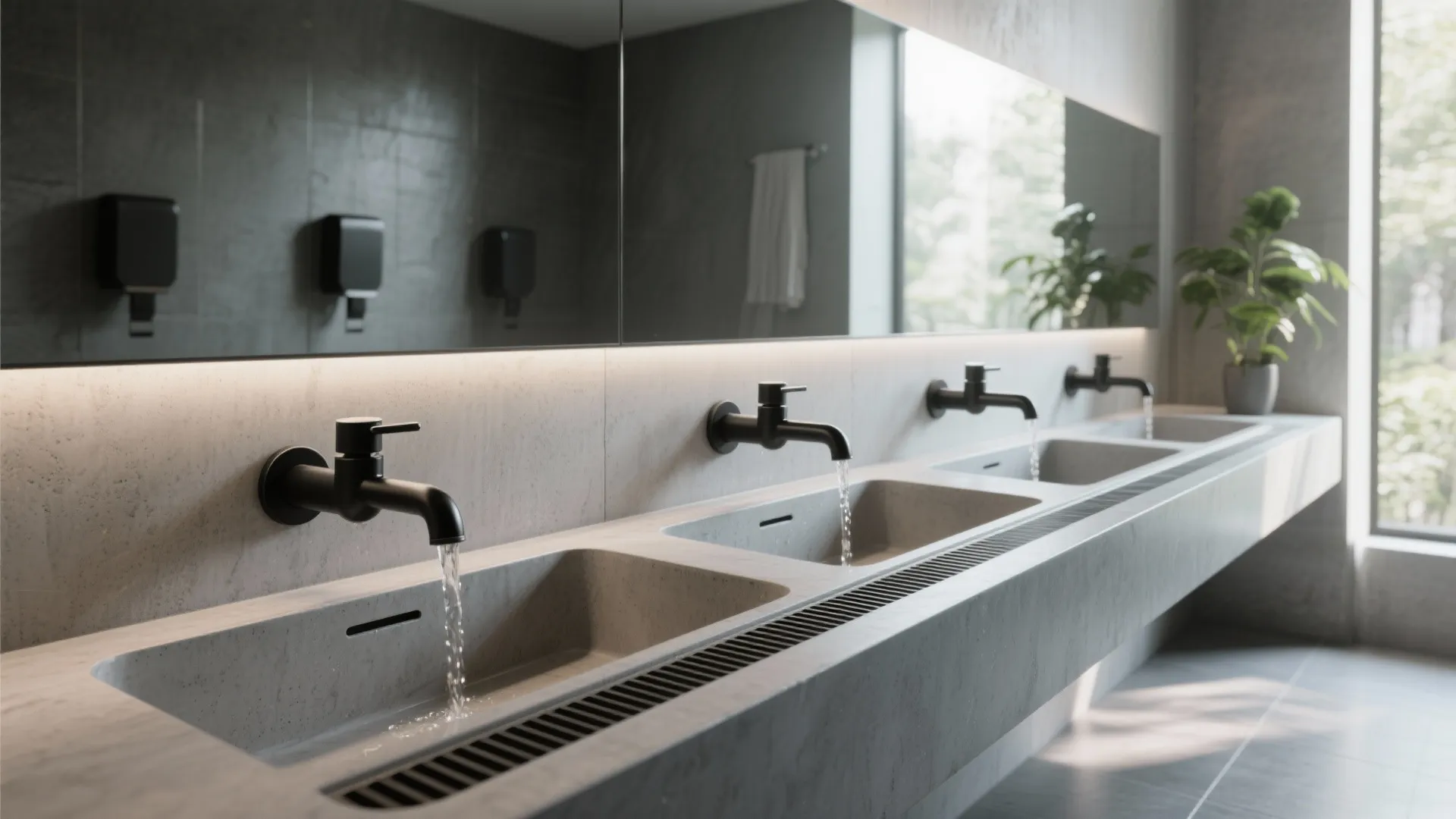 4. Wall-Mounted Faucets Over a Continuous Trough Sink