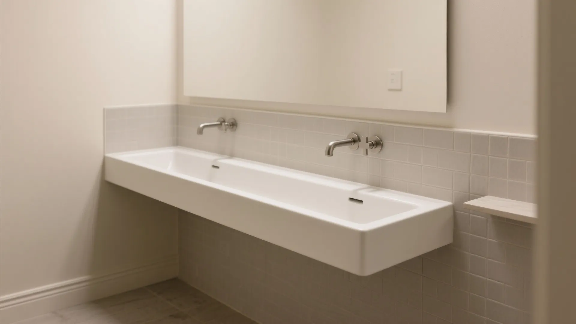Wall-to-wall slender trough sink with two faucets in a narrow alcove.