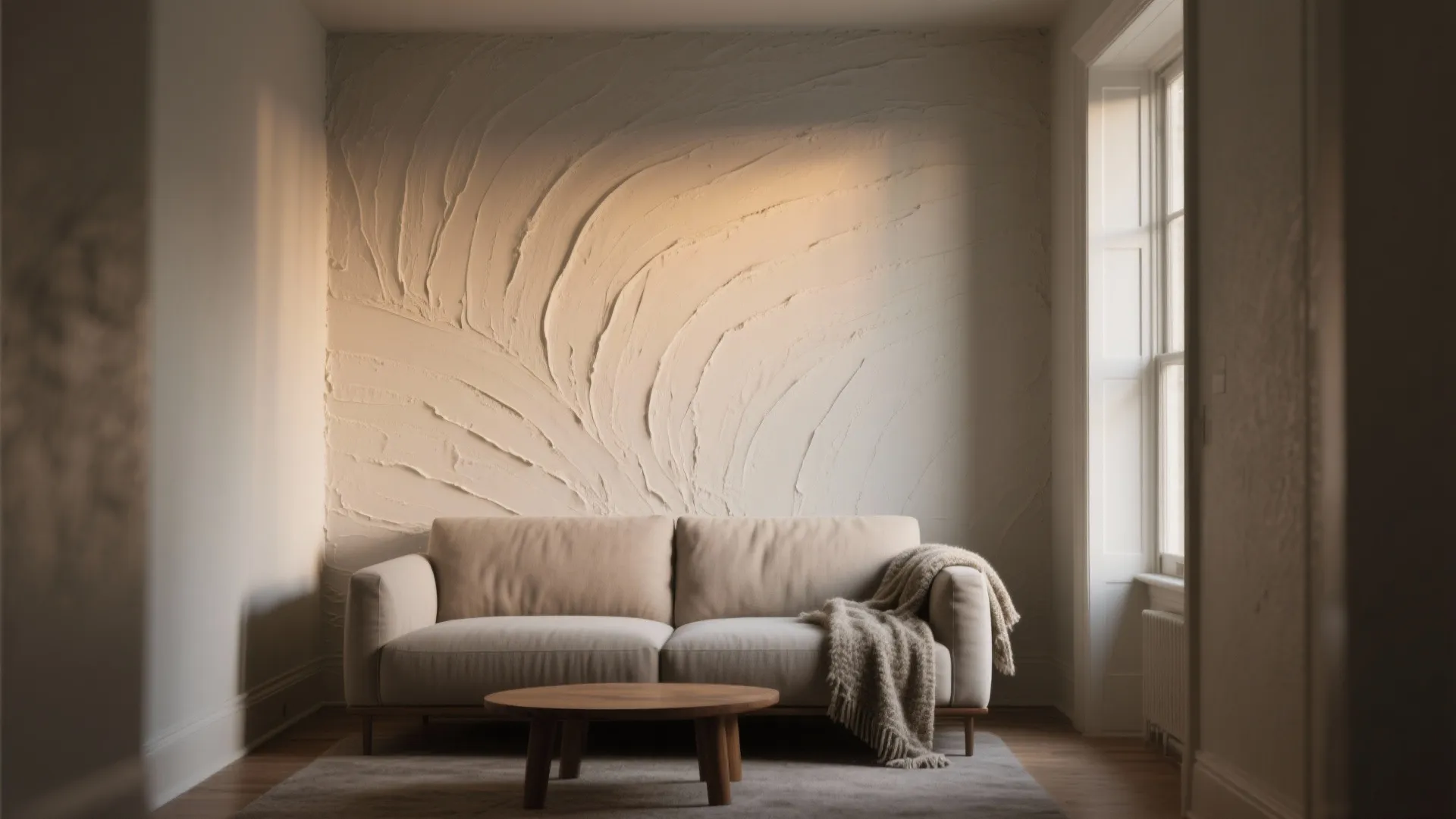 Living room with textured beige accent wall neutral sofa wooden coffee table and bright window
