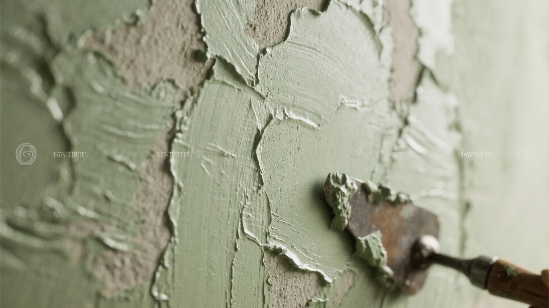 Close up of a metal tool applying green textured paint onto a grey rough wall surface