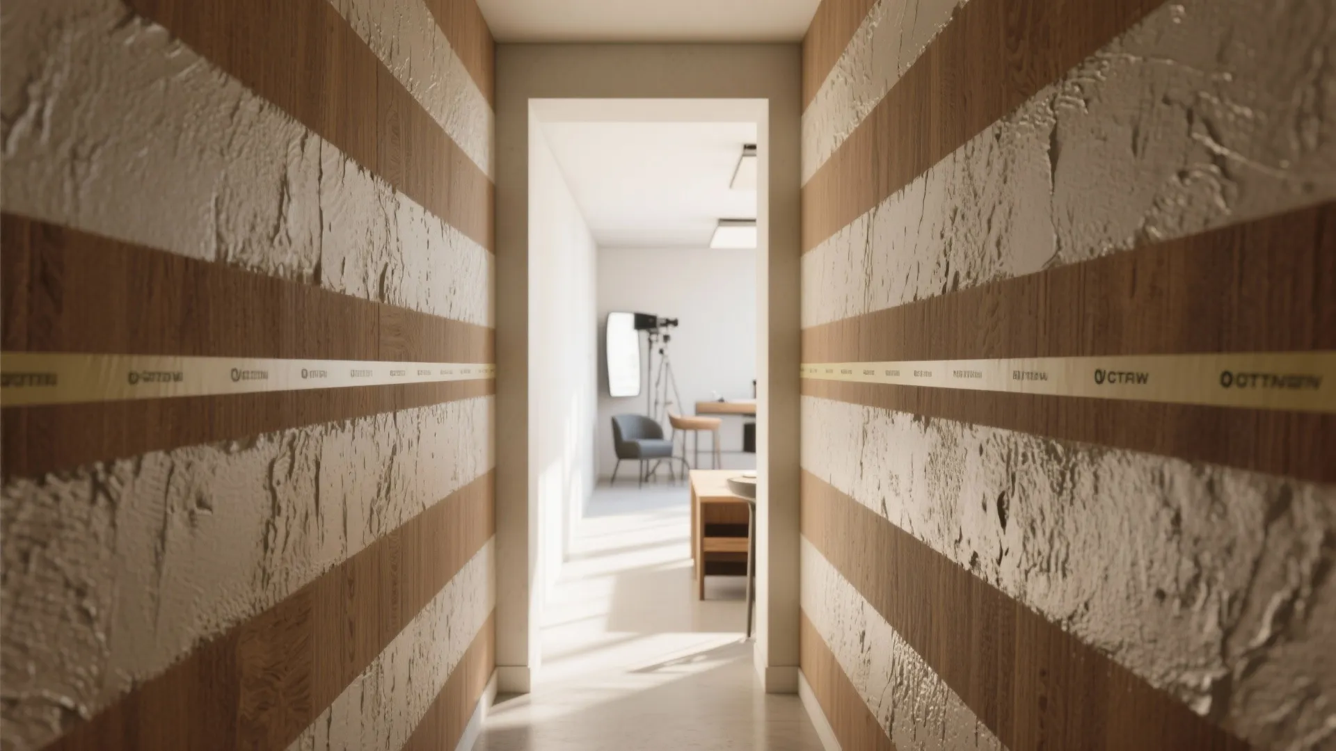 Modern hallway with striped wall panel design in brown and white colors with bright light