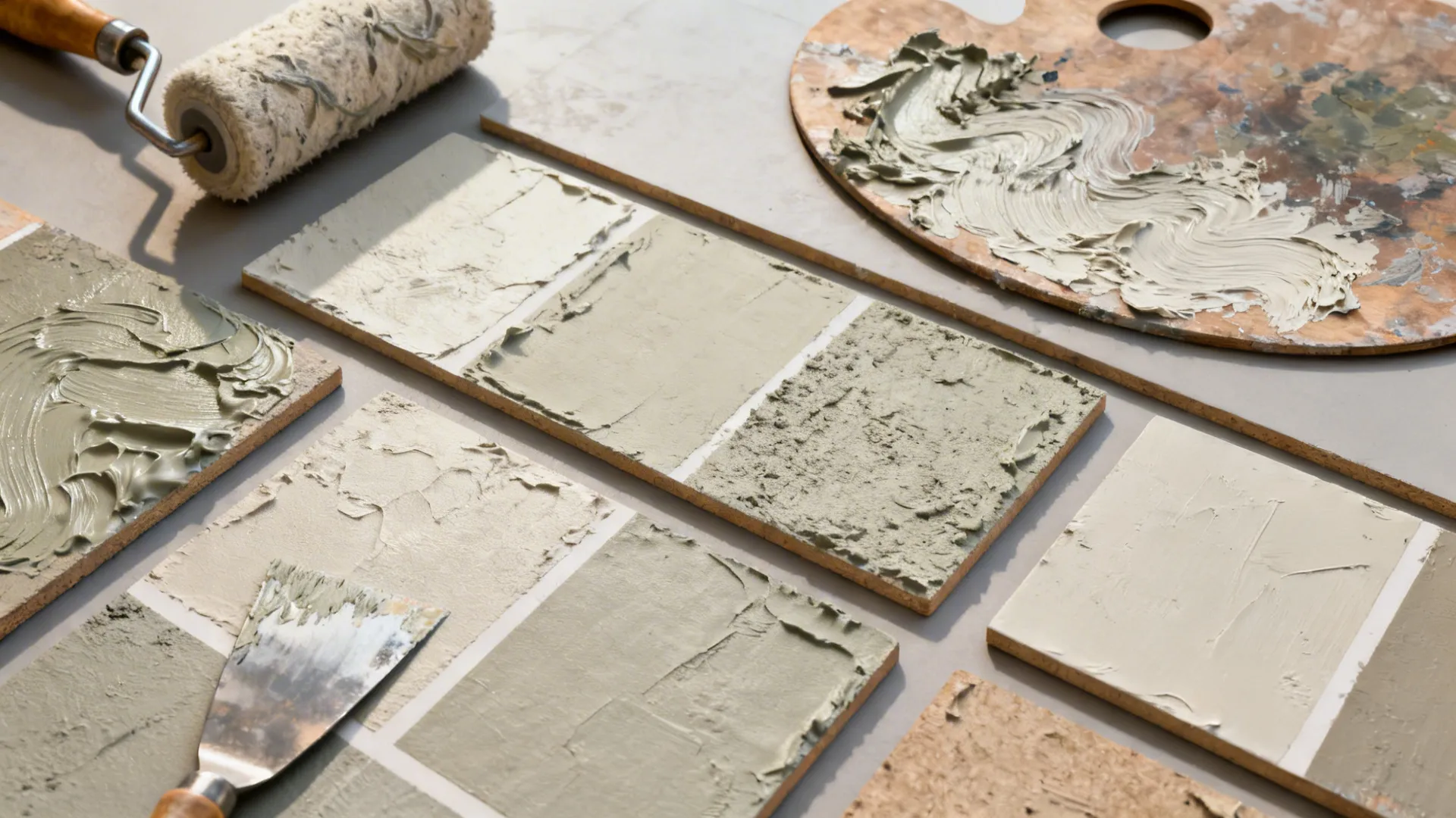 Top-down view of hand-trowel textured paint samples and tools on a board
