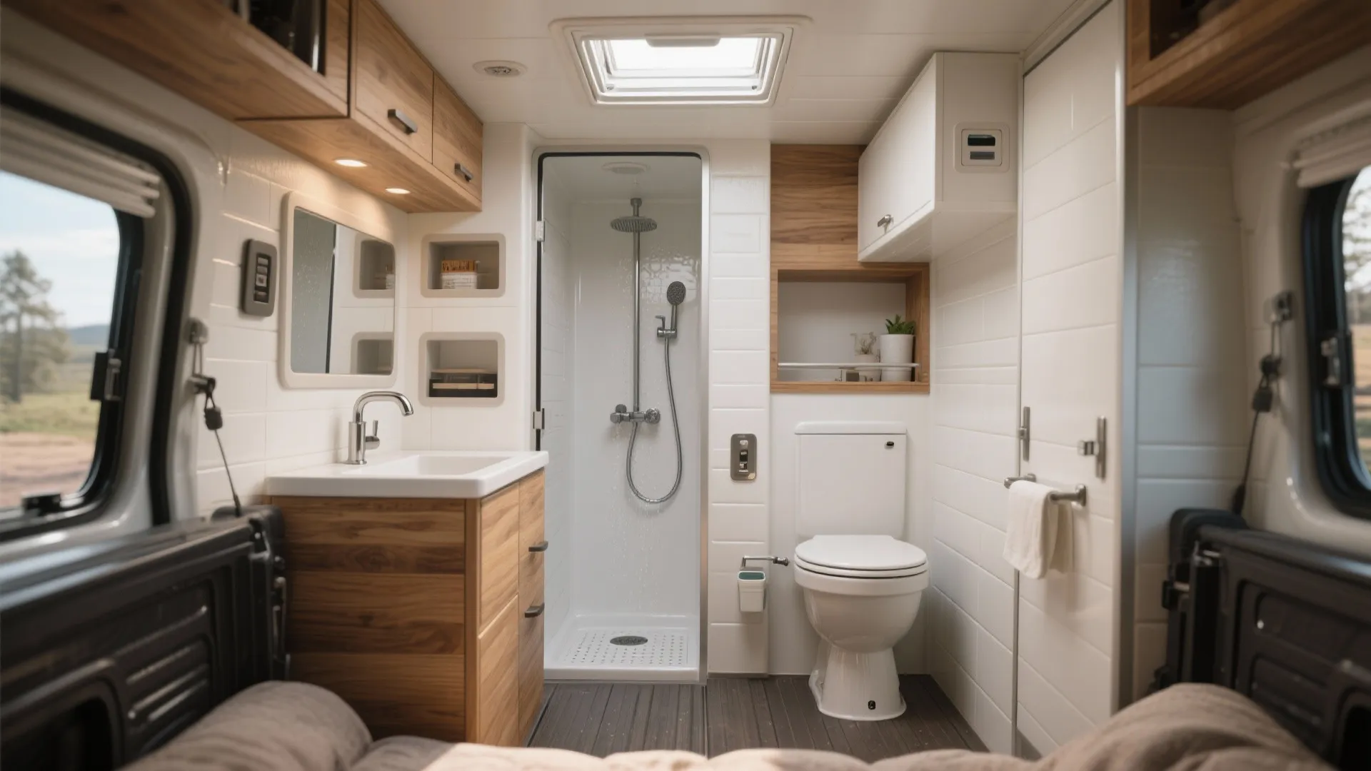 Compact camper bathroom featuring white toilet wooden sink cabinet shower stall and one roof window